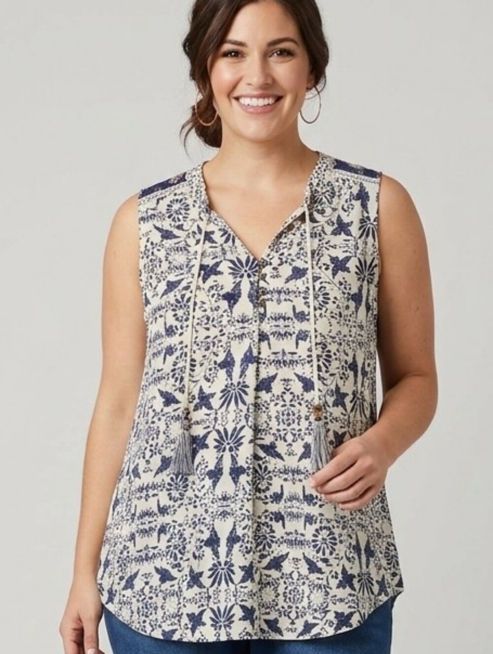 Sleeveless Cream and Navy Printed V-Neck Blouse